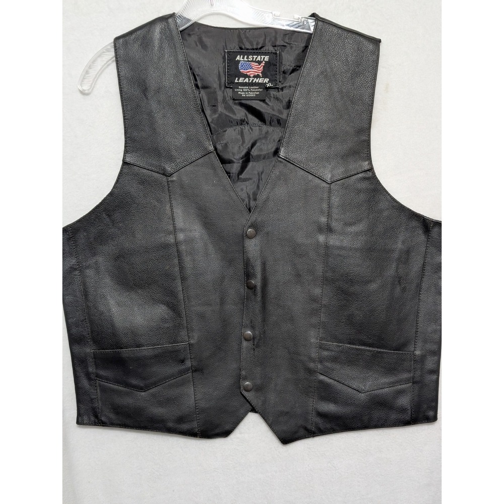 Allstate Leather Mens XL Black Genuine Leather Biker Vest Harley Davidson Patch